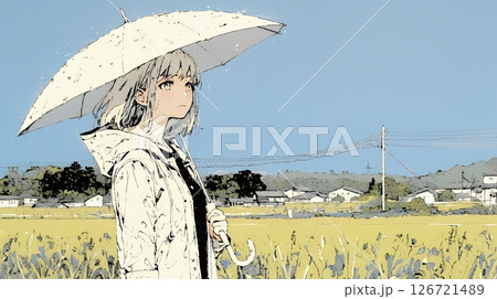 雨の中を傘をさして歩く若い女性