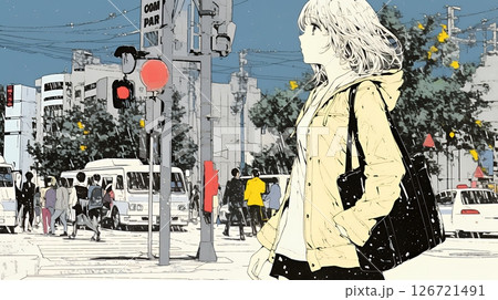 雨の中を傘をささずに歩く若い女性