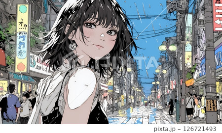雨の中を傘をささずに歩く若い女性