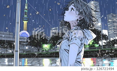 雨の中を傘をささずに歩く若い女性