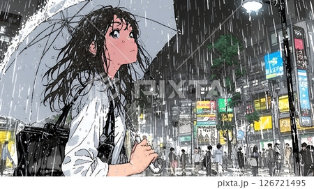 雨の中を傘をさして歩く若い女性