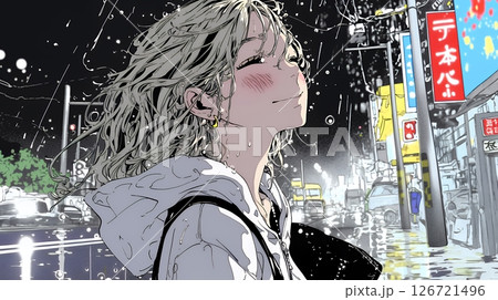 雨の中を傘をささずに歩く若い女性