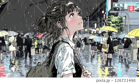 雨の中を傘をさして歩く若い女性