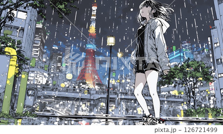 雨の中を傘をささずに歩く若い女性
