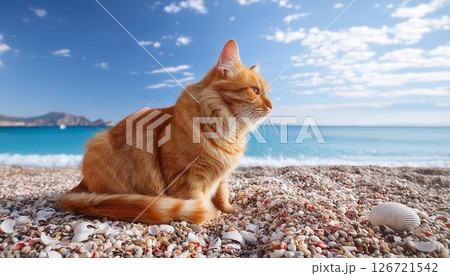青い海を見つめる茶トラ猫の静かなひととき 青い海を見つめる茶トラ猫の静かなひととき 126721542