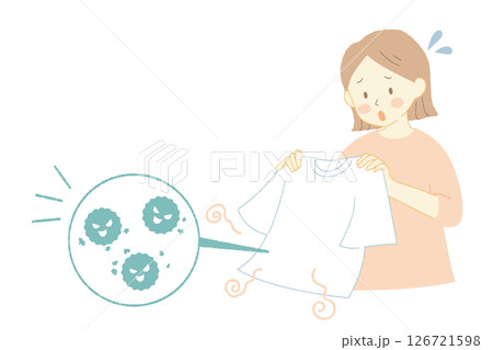 臭う洗濯物を持って困っている女性と菌のイラスト 126721598