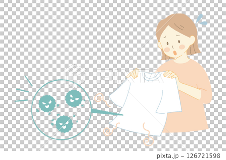 Illustration of a woman in trouble with smelly laundry and bacteria 126721598