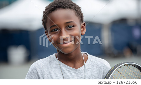 Smiling dark-skinned boy tennis player with a racket and ball in his handso 126721656