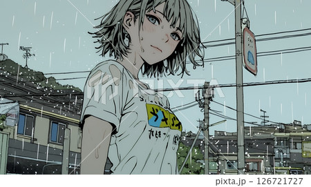 夏の急な雨でびしょ濡れの若い女性