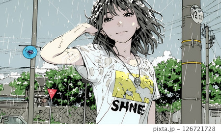 夏の急な雨でびしょ濡れの若い女性