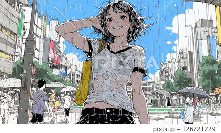 夏の急な雨でびしょ濡れの若い女性