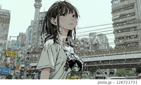 夏の急な雨でびしょ濡れの若い女性