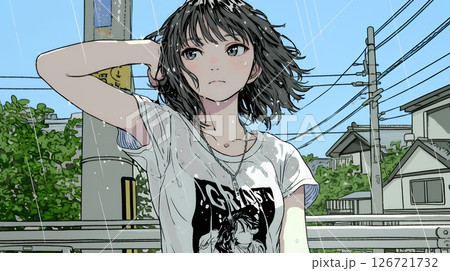 夏の急な雨でびしょ濡れの若い女性
