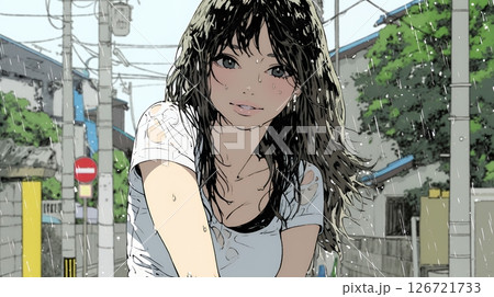 夏の急な雨でびしょ濡れの若い女性