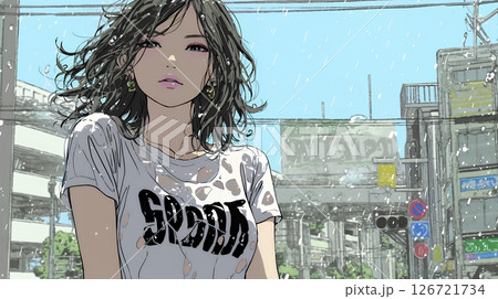 夏の急な雨でびしょ濡れの若い女性
