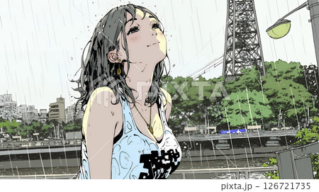 夏の急な雨でびしょ濡れの若い女性