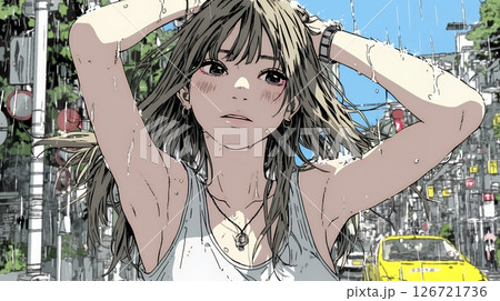 夏の急な雨でびしょ濡れの若い女性