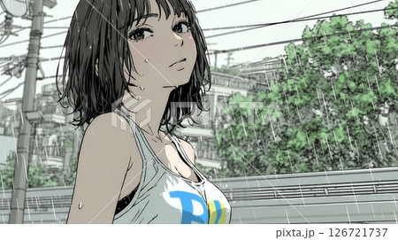 夏の急な雨でびしょ濡れの若い女性