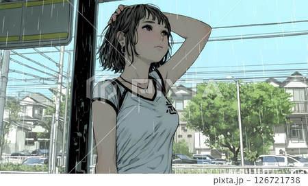夏の急な雨でびしょ濡れの若い女性