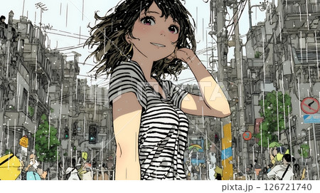 夏の急な雨でびしょ濡れの若い女性
