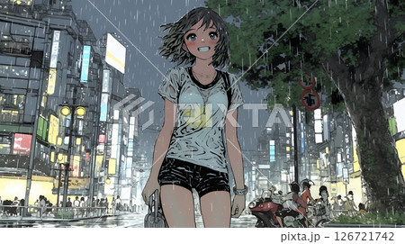 夏の急な雨でびしょ濡れの若い女性