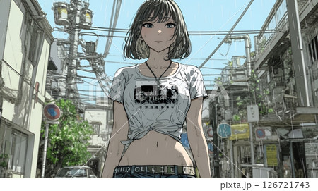 夏の急な雨でびしょ濡れの若い女性