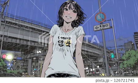 夏の急な雨でびしょ濡れの若い女性