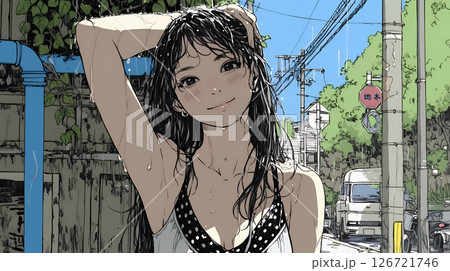 夏の急な雨でびしょ濡れの若い女性