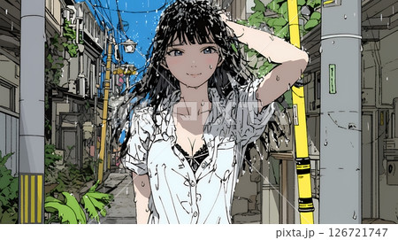 夏の急な雨でびしょ濡れの若い女性