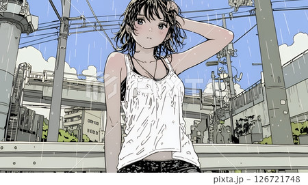 夏の急な雨でびしょ濡れの若い女性