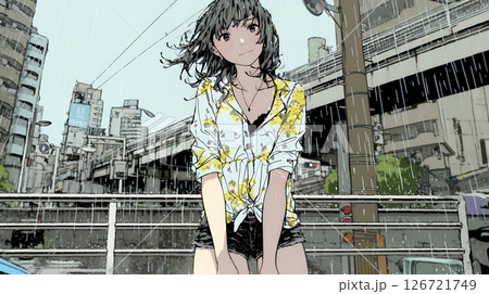 夏の急な雨でびしょ濡れの若い女性