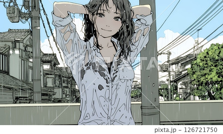 夏の急な雨でびしょ濡れの若い女性