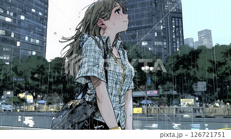 夏の急な雨でびしょ濡れの若い女性