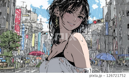 夏の急な雨でびしょ濡れの若い女性