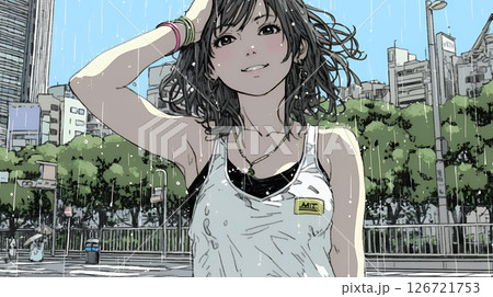夏の急な雨でびしょ濡れの若い女性
