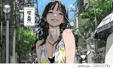夏の急な雨でびしょ濡れの若い女性