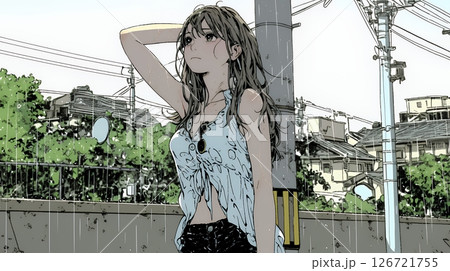 夏の急な雨でびしょ濡れの若い女性