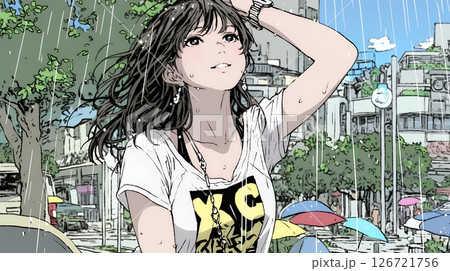 夏の急な雨でびしょ濡れの若い女性