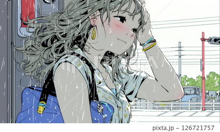夏の急な雨でびしょ濡れの若い女性