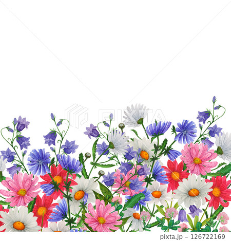 Watercolor border of hand painted colorful wildflowers and botanical greenery. Design for invitation, cards, textile and wallpaper Watercolor border of hand painted colorful wildflowers and botanical greenery. Design for invitation, cards, textile and wallpaper 126722169