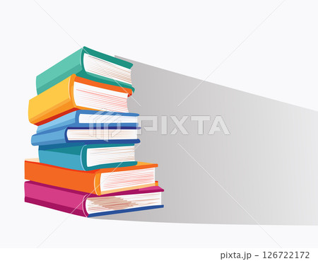 Tall pile of vibrant books leaning slightly on a blank white background, leaving room on the right side. Modern flat illustration with cheerful tones and soft brush edges. 126722172