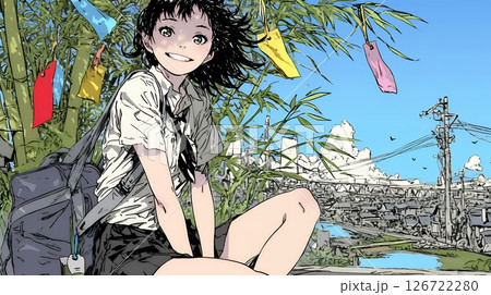 七夕飾りと制服を着た女子高生