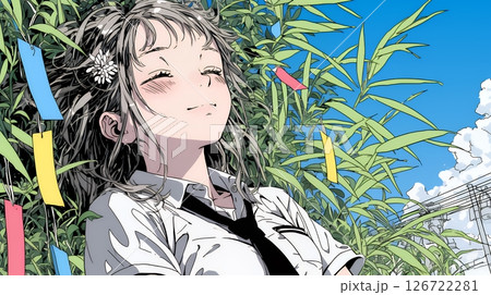 七夕飾りと制服を着た女子高生