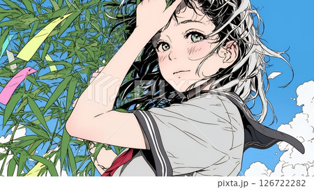 七夕飾りと制服を着た女子高生