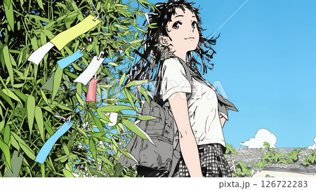 七夕飾りと制服を着た女子高生