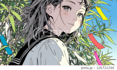七夕飾りと制服を着た女子高生
