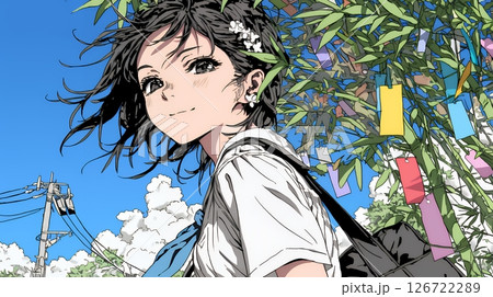 七夕飾りと制服を着た女子高生 126722289