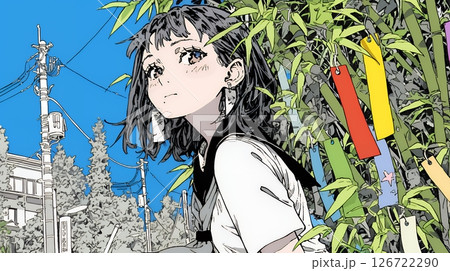 七夕飾りと制服を着た女子高生