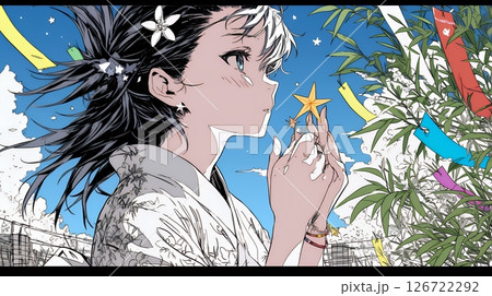 七夕飾りと和服を着た若い女性