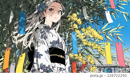 七夕飾りと和服を着た若い女性